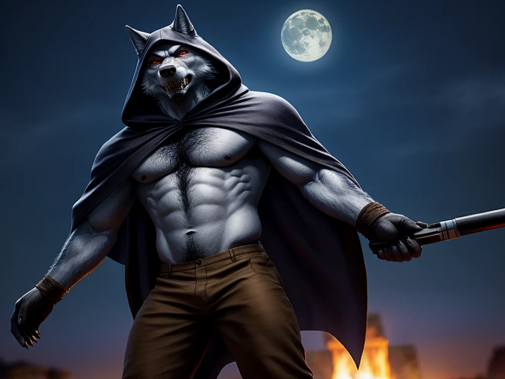 Death is a anthropomorphic silvery-white wolf with an elongated snout, gray mask-like markings on his face, sharp teeth, and glaring sinister red eyes, who has a well-built body, He wears a black cloak with a built-in hood, and brown trousers under the cloak, He also has brownish-gray wraps around his wrists and calves, and carries a pair of razor-sharp sickles, anthro wolf, male, adult, grey fur, buffed body, sexy, beefy body, furred body, beautiful, furry chest hair, realistic, full body, photorealistic, ultra realistic, 8k, night, bare-chested, in back turned posing, sexy butt, show his ass