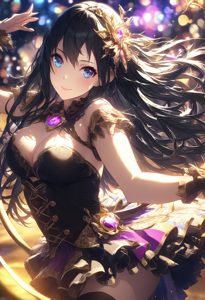 close， Very long hair, , Professional artwork, Intricate details, vision,Landmines短裙服装，Sharp focus, Detailed Images, Realistic lighting, Popular topics on pixiv, Center of attention, ((Landmines)), Beautiful body,Beautiful Nose,Beautiful character design, Perfect Eyes, Perfect face, Show Viewer, sfv,Official Art,Very detailed CG 統合 8K 壁紙, Perfect lighting,colorful, bright_Street front_face_Lighting Project:1.0),(the best_quality:1.0), 超High resolution,4K,Very detailed, photograph, 8K, High Dynamic Range, High resolution, Yellow plum:1.2, Portela 400 Strings, Film Grain, Background Blur, Bokeh:1.2, Lens flare brilliance, (Vibrant_color:1.2), (The figure), ((Show Viewer, Dance poses))Female Kirito，Black Stockings，((Black Hair))