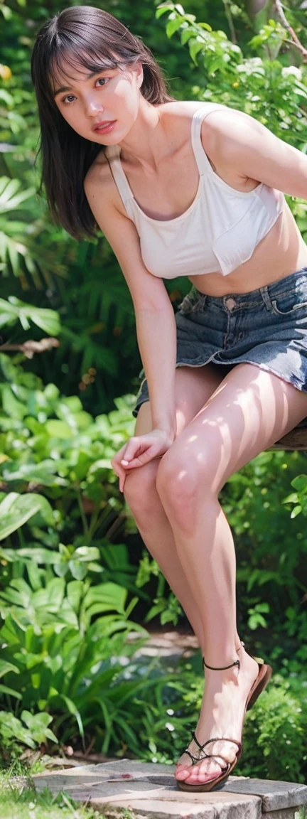 Open shirt, (((Leaning forward))), ((,Round face, Around ,mini skirt、loose tank top)), Long Hair, , Natural Makeup, Lips become thicker, Sexy Gaze, barefoot, ((Raise one leg)), Shooting from below,Gentle expression ,((Extremely precise and accurate anatomy)), (masterpiece:1.43), Perfect proportions, Realistic photos, Full Shot, whole body, (height: 165cm),