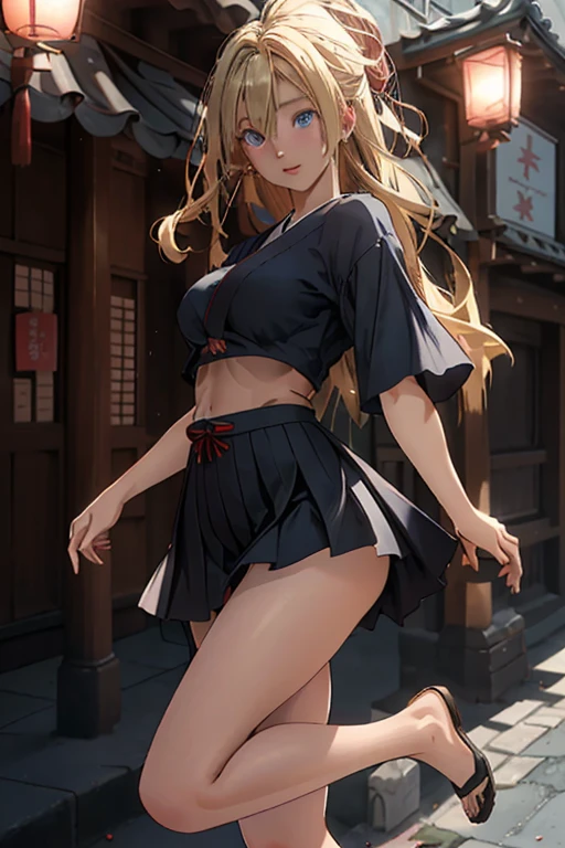 Full body Japanese anime style photo of light skinned woman, Beautiful blue eyes full of light and beautiful details, curvy chubby body, long legs, beautiful and stunning.
She is blonde and her hair is long, vibrant, soft, Ablaze, your lips and cheeks are rosy.
She wears a short pleated Japanese  style skirt. A saia é translúcido e iridescente de cor azul marinho com muitos detalhes dourados e ouro Ablazes e deslumbrantes cores vivas. She also wears an underboob style top with her belly showing..
Camera captures the entire body from head to toe, her back making a movement with her body turning towards the camera and looking at the camera, the movement makes your skirt and hair lift a little in the wind breeze.
Background scene is in the city of ancient Japan.
((best qualityer)), ((work of art)), (detailded:1.4), 3d, hdr (high-range dynamics),ray tracing,nvidia RTX,Super-resolution,Irreal 5,underground dispersal,PBR Texturing,Post-processing,Anisotropic filtering,Depth of field,Maximum clarity and sharpness,Multilayer textures,Albedo and Specular Maps,Surface shading,Accurate simulation of light-material interaction,perfect proportions,octane rendering,Two-tone lighting,large aperture,Low ISO,White balance,rule of thirds,8K CRU.