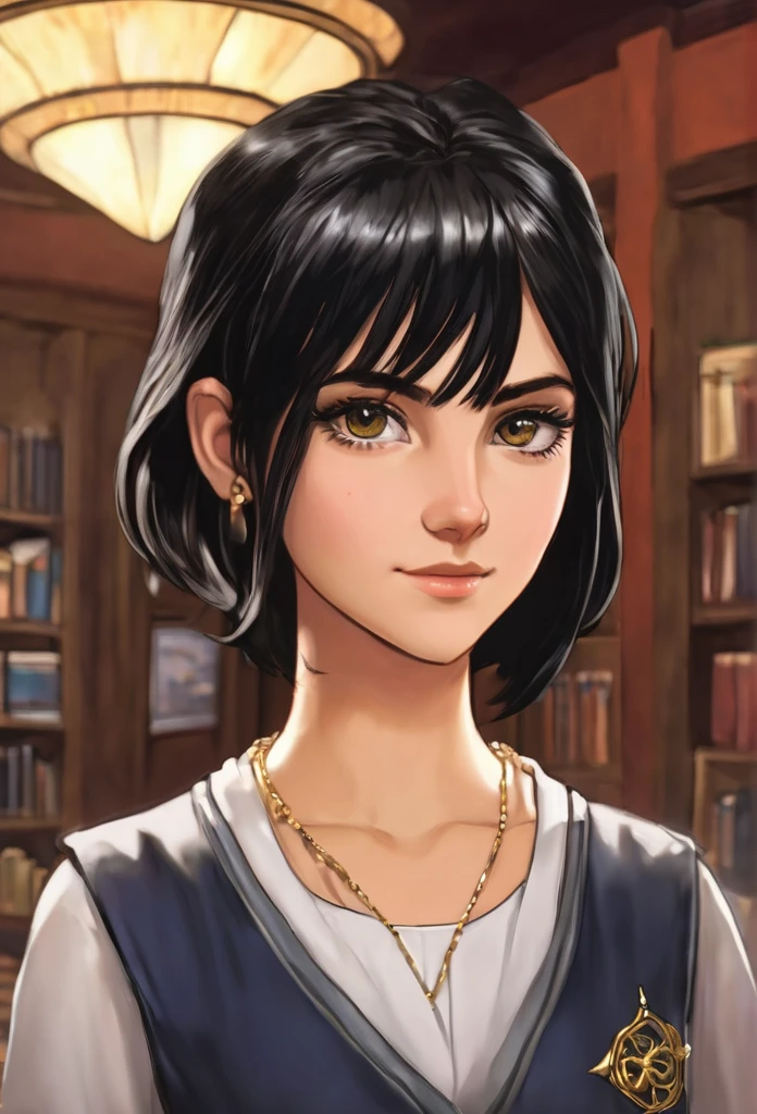 18 years old, female, human, receptionist in adventures guild, black hair, black eyes, short hair, in a room, middle age era 