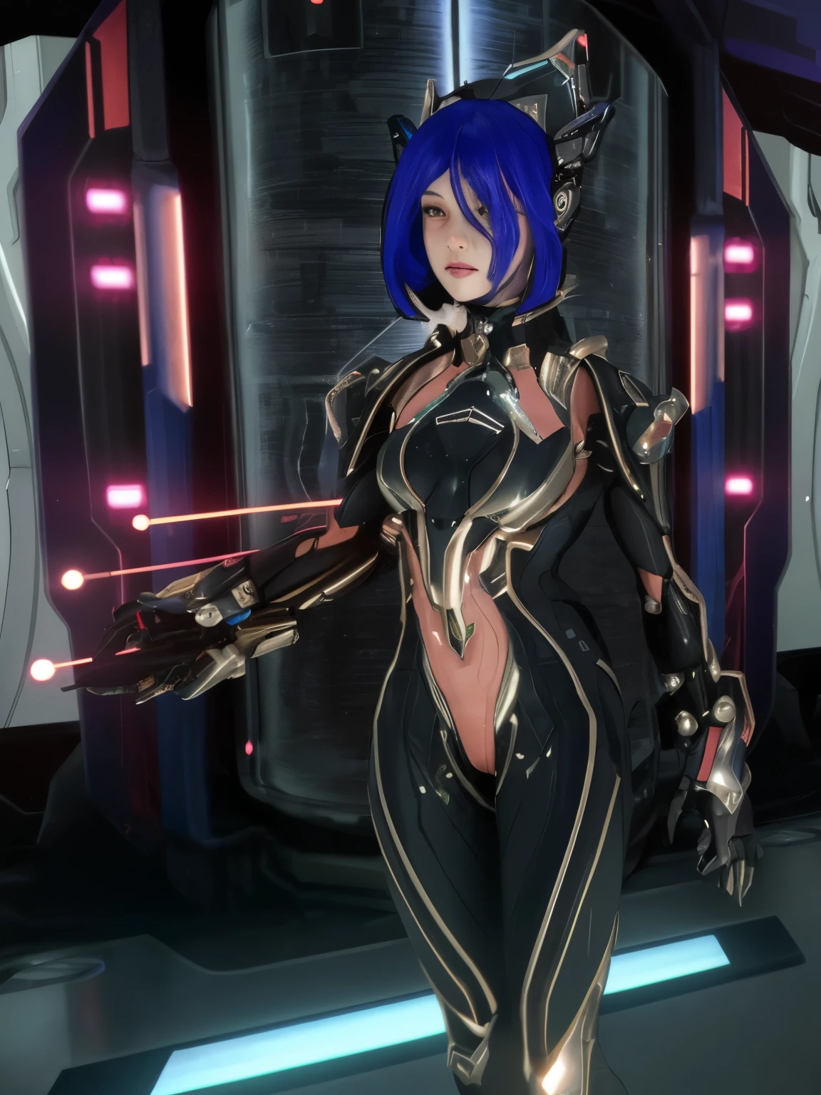 there is a woman with a futuristic suit and blue hair, of a beautiful female warframe, dressed in cybernetic armor, cyber suit, beautiful cyborg priestess, girl with mecha cybernetic armor, cyborg goddess in cosmos, cybernetic flame armor, detailed warframe, cybernetic fire armor, cyber suits, portrait of a cyborg queen, science fiction female character