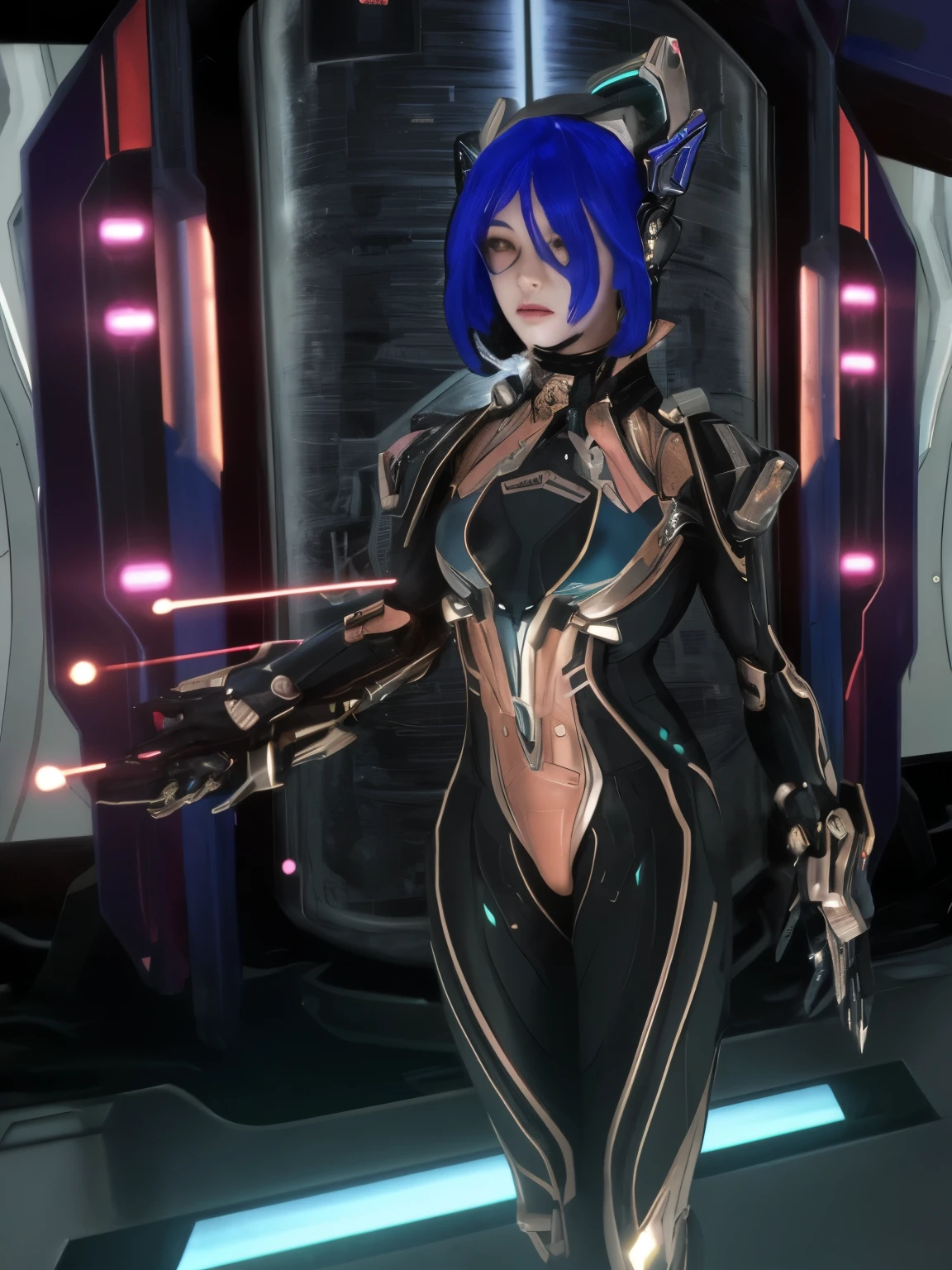 there is a woman with a futuristic suit and blue hair, of a beautiful female warframe, dressed in cybernetic armor, cyber suit, beautiful cyborg priestess, girl with mecha cybernetic armor, cyborg goddess in cosmos, cybernetic flame armor, detailed warframe, cybernetic fire armor, cyber suits, portrait of a cyborg queen, science fiction female character