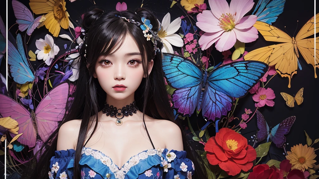 (masterpiece:1.1), (Highest quality:1.1), (High resolution:1.0), Zhou Haoguang, super high quality,( Highly detailed original illustration), (One girl, Upper Body), ((harajuku fashion)), ((Flower with human eyes, Flower Eyes)), Double exposure, A fluid fusion of abstract art, Glitch, (Original illustration composition), (Limited edition color fusion, Maximalism art style, Geometric art style, butterfly, Junk Art)