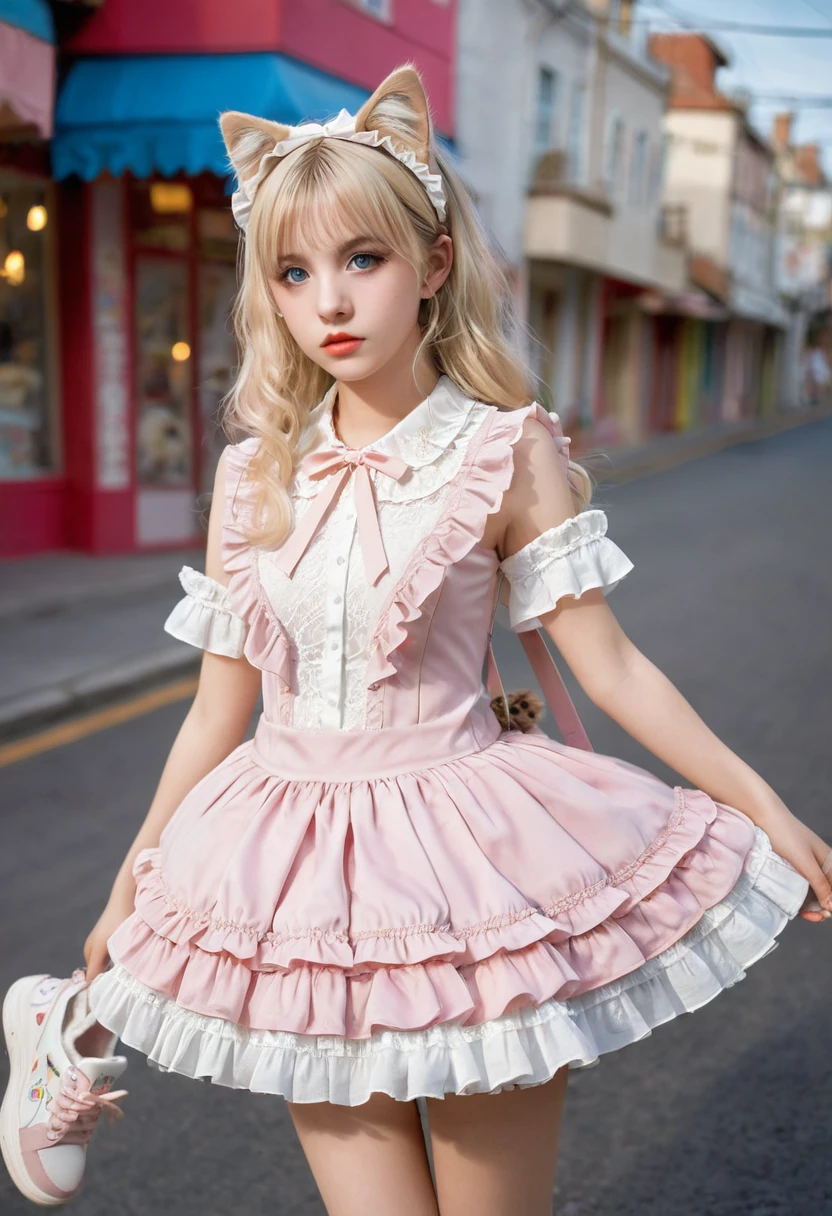 Exquisite details, 8k Photo, Surrealism, Professional lighting, Realistic background, Visual Depth, blur background, Wide-angle lens, whole body, (13 years old, Lovely, Change, flat chest, Cat ears), 1 Girl, Colored eyes, Blonde hair, (Lolita Fashion: 1.5), (Lace, Ruffled shirt, White petticoat, sports shoes), (Plush Toys), pink Lovely backpack, street, Fashion