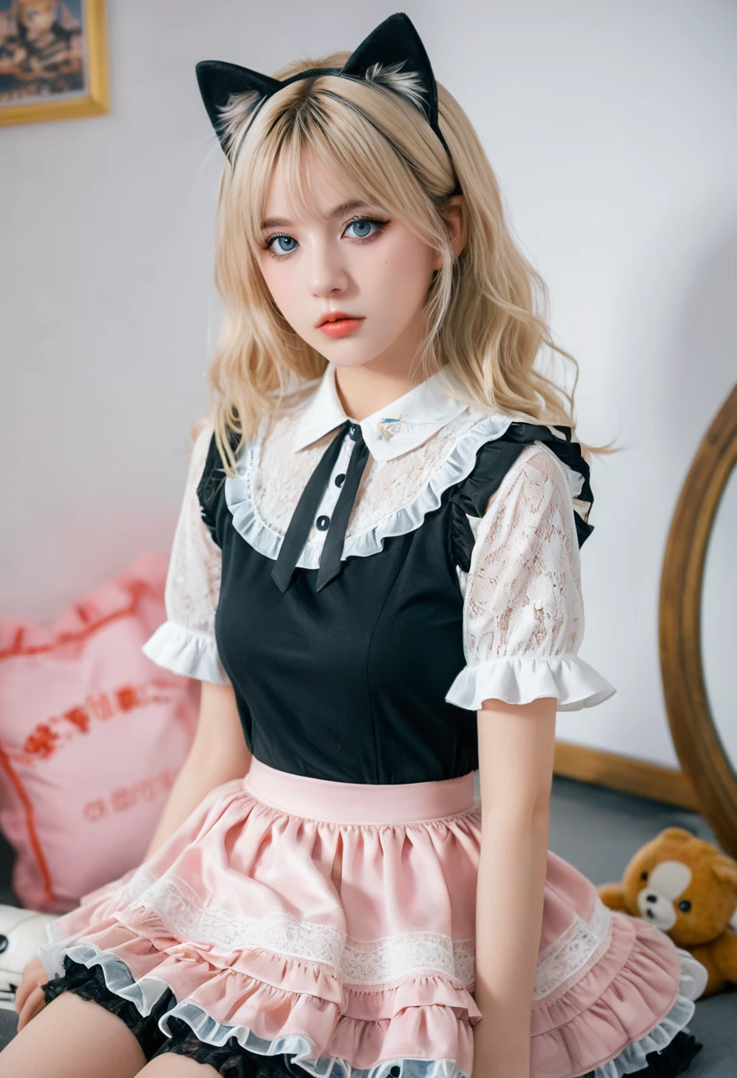 Exquisite details, 8k Photo, Surrealism, Professional lighting, Realistic background, Visual Depth, blur background, Wide-angle lens, whole body, (, Lovely, Change, flat chest, Cat ears), 1 Girl, Colored eyes, Blonde hair, (Lolita Fashion: 1.5), (Lace, Ruffled shirt, White petticoat, sports shoes), (Plush Toys), pink Lovely backpack, street, Fashion