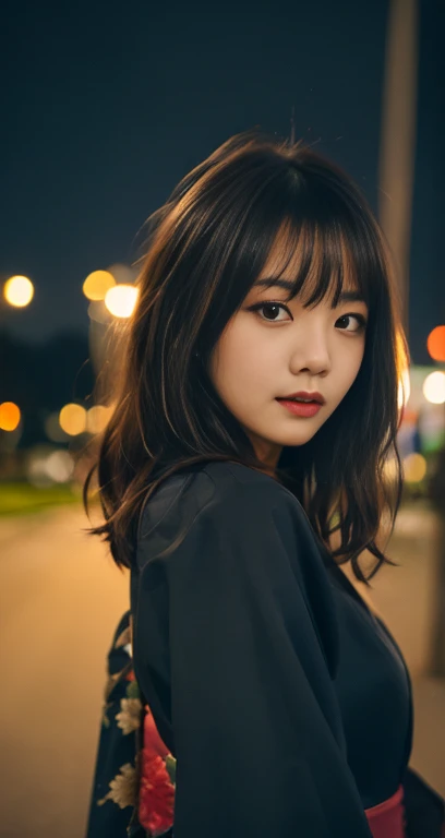 (A pretty detailed woman in a black kimono dress, korean bob_hair_side_bangs, fair skin, dark lips, standing in a city parking lot at night, turning around to see the camera, dark background, sunset, extremely detailed skin, extremely detailed eyes, depth of field, 8k, dslr, dim lighting, camera_flash, high quality, film grain, the_cowboy_shot)