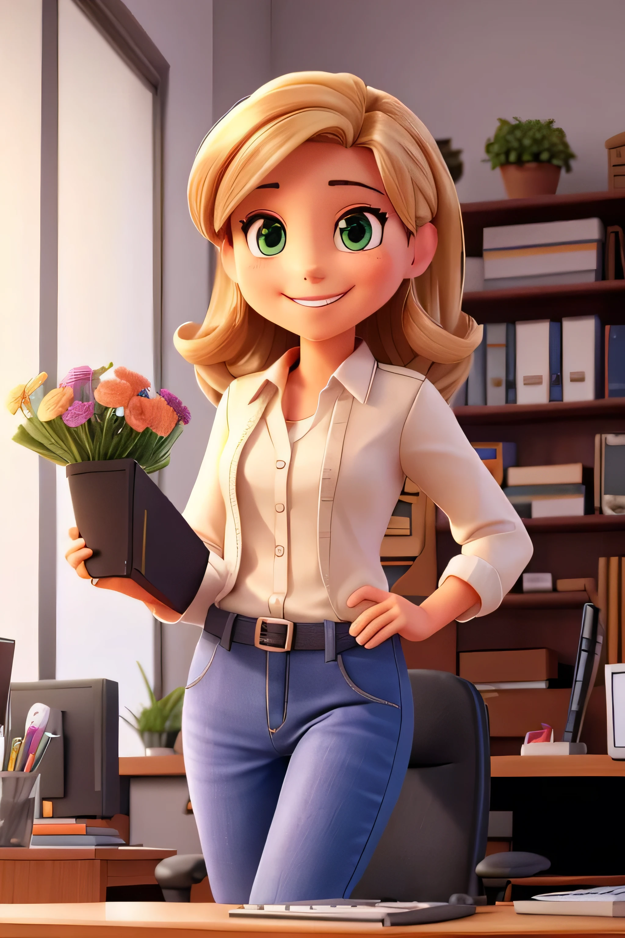 female, smile, she is an recruiting partner in one computer in office with flowers. She wears an casual outfit.