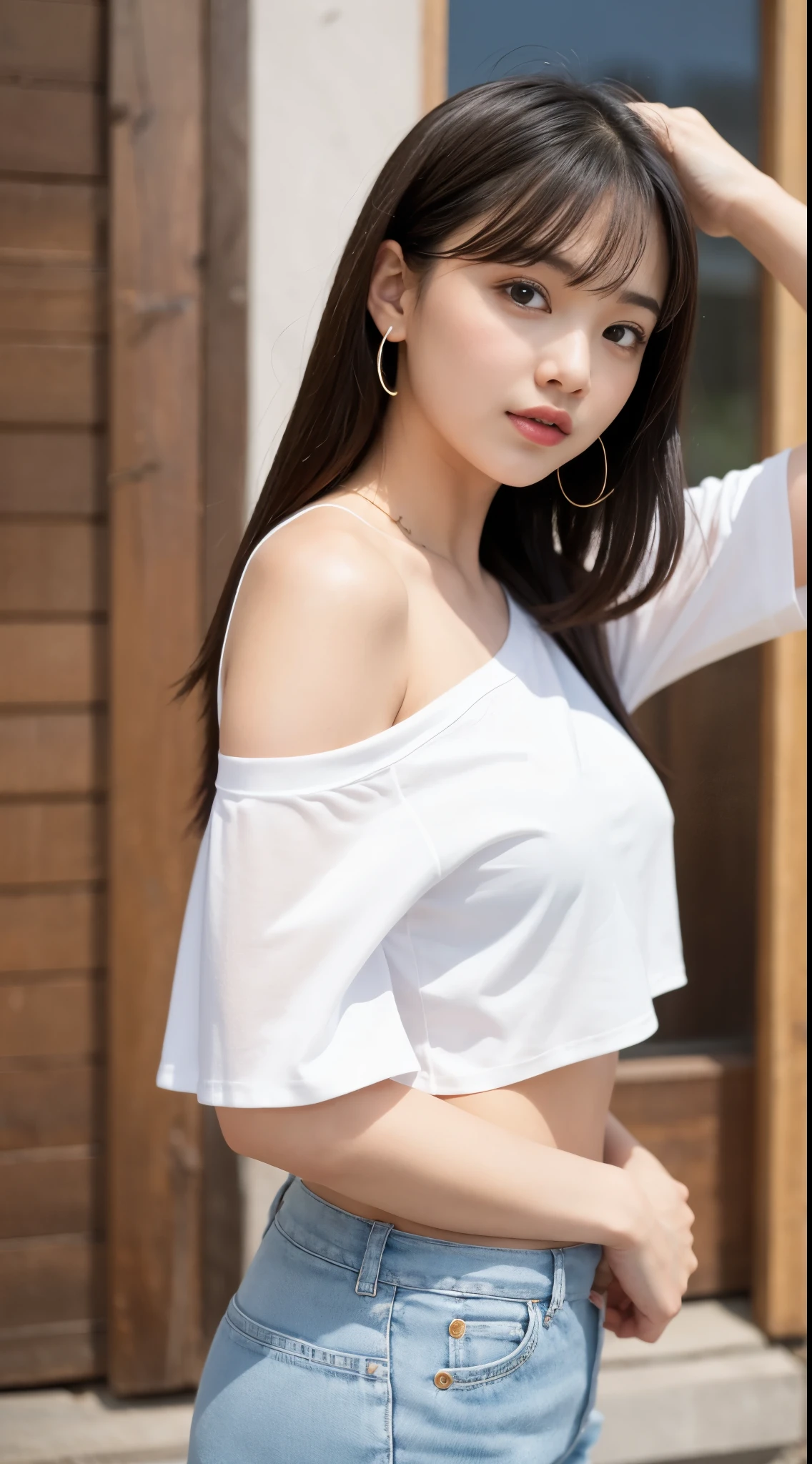 (8K, RAW photograph, Highest quality, masterpiece:1.3),(Genuine,photograph:1.37),(Black Hair),Pause,One girl,Very beautiful face,cute,(small),(Raise your arms to show your waki))),Poggy Hairstyle,Random representation,(White off-shoulder top),ＪＫ_style,(Track Shorts) ,Black Hair,(19 years old),moderate,Five Fingers,Normal hand,small Mouth,Straight hair