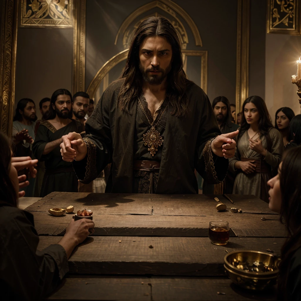jesus eating with people, pharisees pointing finger, cinematic lighting, dramatic shadows, intricate religious scene, highly detailed ornate architecture, old master painting style, renaissance era, dramatic lighting, muted color palette, oil painting, photorealistic, 8k, best quality, masterpiece