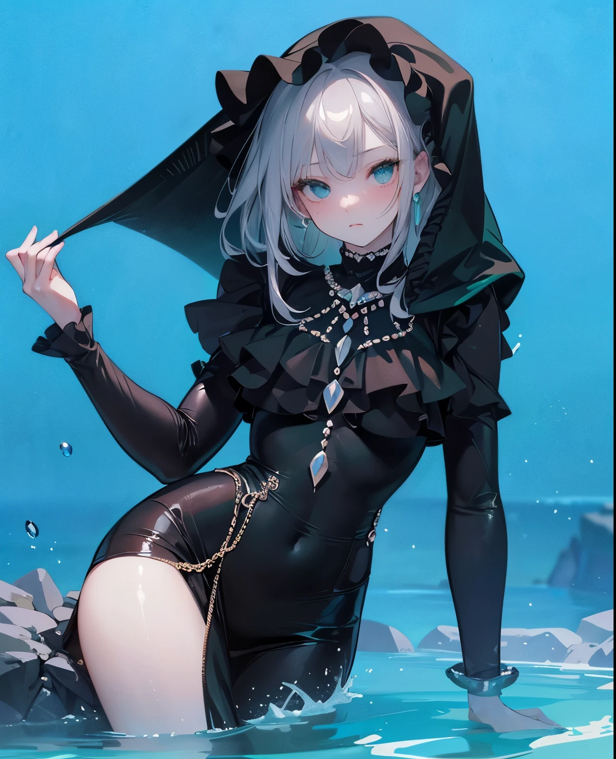 ((dark fantasy)), ((wavy hair, silver hair color, pale skin),(((green aquamarine eyes))), freckles, warm light,( 16 years old),busty,Glamour,Gorgeous,monochromes,erotic posing,Dynamic Posing,Arrange Pose,Dramatic,Cinematic,Detailed background, Dynamic Angle,From the angle of the film,Gothic background, Dark fantastic view,Best Quality,masutepiece,8K,The ultimate detailed dark background, Top image quality、RAW photography、超A high resolution,cropped shoulders, overall look is very erotic、Shot for one person only, model shoot, Large round chest, Beautiful Eyes of Details、Very slender eyes、Beautiful eyelashes、Very slim physique, with blush cheeks,Pearl Beaded Bralet Top, ((pearl top)), opal pearl in hand