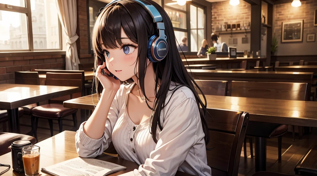 Girl with headphones enjoying music in a cafe I am studying Emphasize a little bit of the chest