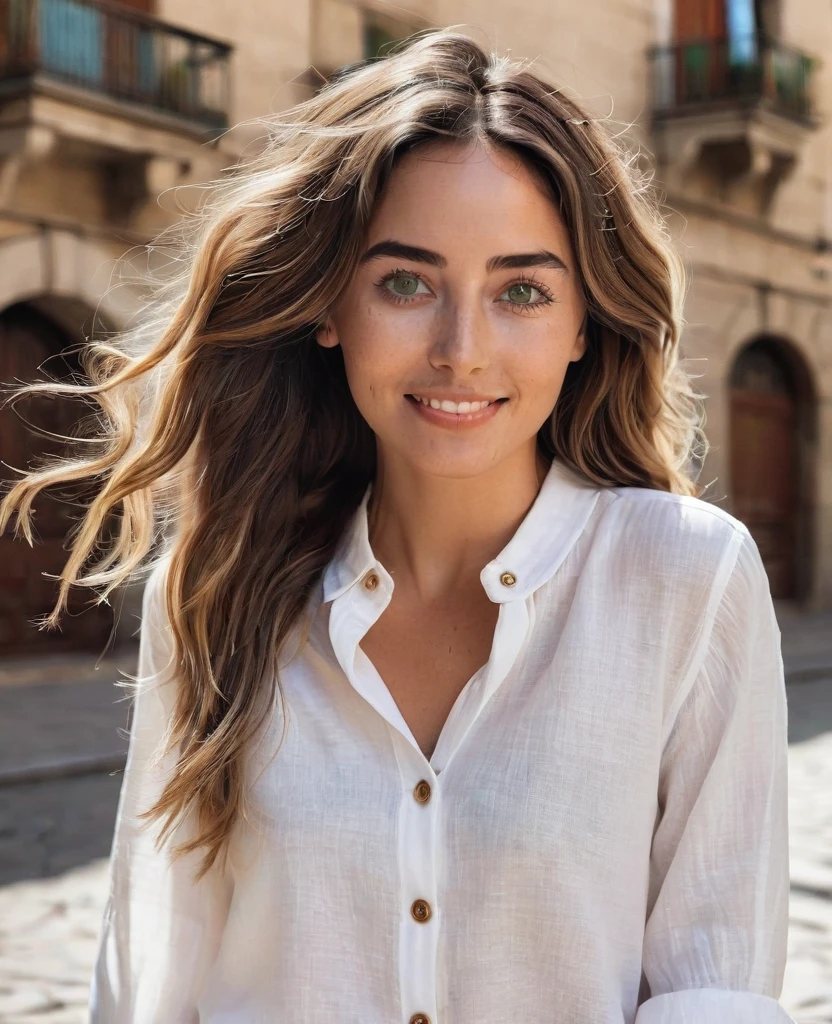 Create a female influencer Name: Valeria Torres Age: 28 years old Location: Barcelona, Spain Occupation:Physicist: Valeria has a slim and athletic figure, result of her dedication to yoga and healthy living. stomach 1.70 meters and has radiant skin, cared for with natural products.
Hair: He has long and wavy hair, light brown with golden reflections, which is usually worn loose or in bohemian braids.
face: Her face is oval with delicate features.. He has large, expressive green eyes., framed by well-defined eyebrows. His smile is wide and contagious, complemented with full lips. Lifestyle and fashion influencer wears a summery and sophisticated outfit, perfect for an afternoon in Barcelona.
Upper part:
She is wearing a white linen blouse, long sleeve and light, with wooden buttons and a slightly loose cut that gives it a relaxed and elegant look. The sleeves are rolled up to the elbows, which adds a casual touch.