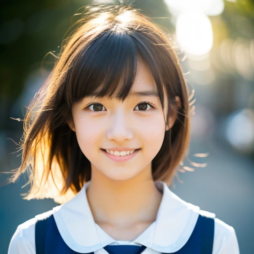 lens: 135mm f1.8,(Highest quality), (Beautiful 12 year old Japanese girl), (Moist lips), Narrow eyes, double eyelid,Delicate clavicle,Flat Chest,Shortcuts,
(Let me'Let's take another look), shame, A faint smile,
(Spotted sunlight:1.2), Dramatic lighting,
(School Uniform), (Sunburned skin:0.2),Full body photo、Whole body image、Full Body Shot、 figure、、Underdeveloped flat chest、smile、Crouch down