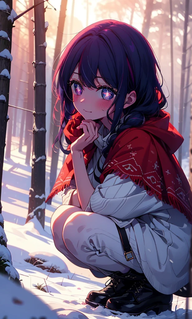 aihoshino, Ai Hoshino, Long Hair, bangs, (Purple eyes:1.1), Purple Hair, (Symbol-shaped pupil:1.5), smile,,smile,blush,White Breath,
Open your mouth,snow,Ground bonfire, Outdoor, boots, snowing, From the side, wood, suitcase, Cape, Blurred, , forest, White handbag, nature, Squat, Mouth closed, Cape, winter, Written boundary depth, Black shoes, red Cape break looking at viewer, Upper Body, whole body, break Outdoor, forest, nature, break (masterpiece:1.2), Highest quality, High resolution, unity 8k wallpaper, (shape:0.8), (Beautiful and beautiful eyes:1.6), Highly detailed face, Perfect lighting, Highly detailed CG, (Perfect hands, Perfect Anatomy),