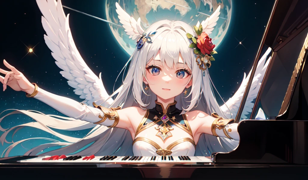 ((Highest quality)), ((masterpiece)), (detailed), Beautiful and cute angel,,Playing the piano,Fantasy、beautiful,Five fingers