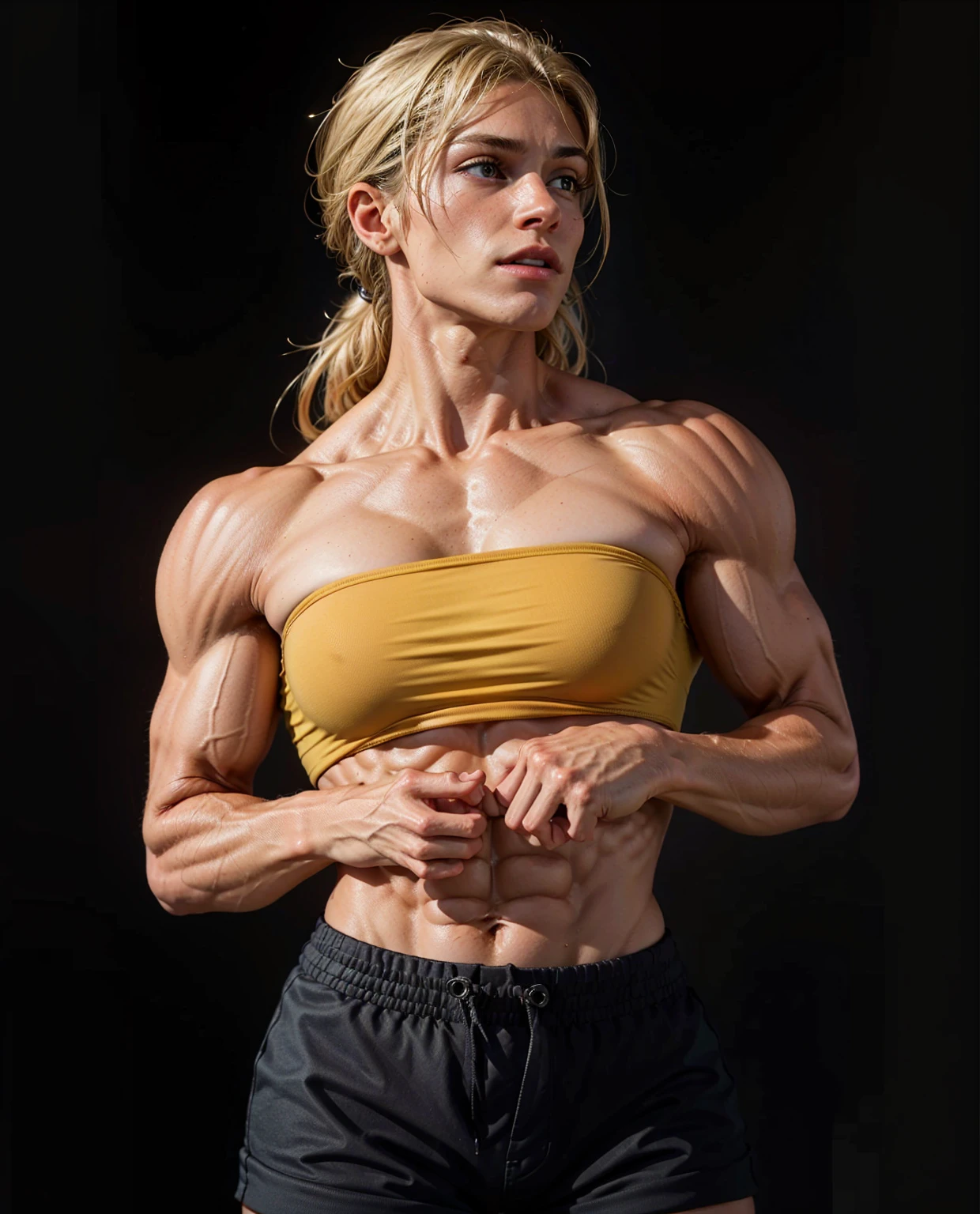 beautiful tan muscular girl, sixpack, ripped abs, veins, biceps, blonde long hair, , sexy, muscular legs, shorts, (best quality,4k,8k,highres,masterpiece:1.2),ultra-detailed,(realistic,photorealistic,photo-realistic:1.37), portrait, concept art, biceps muscle, sport shorts, muscular legs, muscular calves, muscular quads, sports-bra, muscular arms, breathtaking