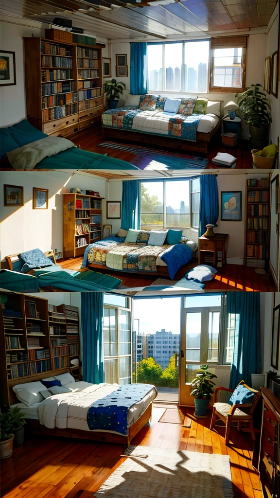 8K picture quality,Best quality,masterpiece,HD,Super rich detail,detailed,Comfortable bedroom,Large Windows,Floor-to-ceiling windows,big bed,There are pillows on the bed,Quilt,Essas roupas,notebook,There is a cabinet next to it,There are bookcases,There is a table,There are chairs,There are flowers,There is a wardrobe,There was a sofa,There are carpets,There are many books,Overall very comfortable,extremely clean,very useful,Large Windows,The scenery outside the window,There are various other flowers,and vegetable garden,There are a variety of vegetables inside,超HD真实感,Live photos,The overall color is mainly blue-green,Strong realism