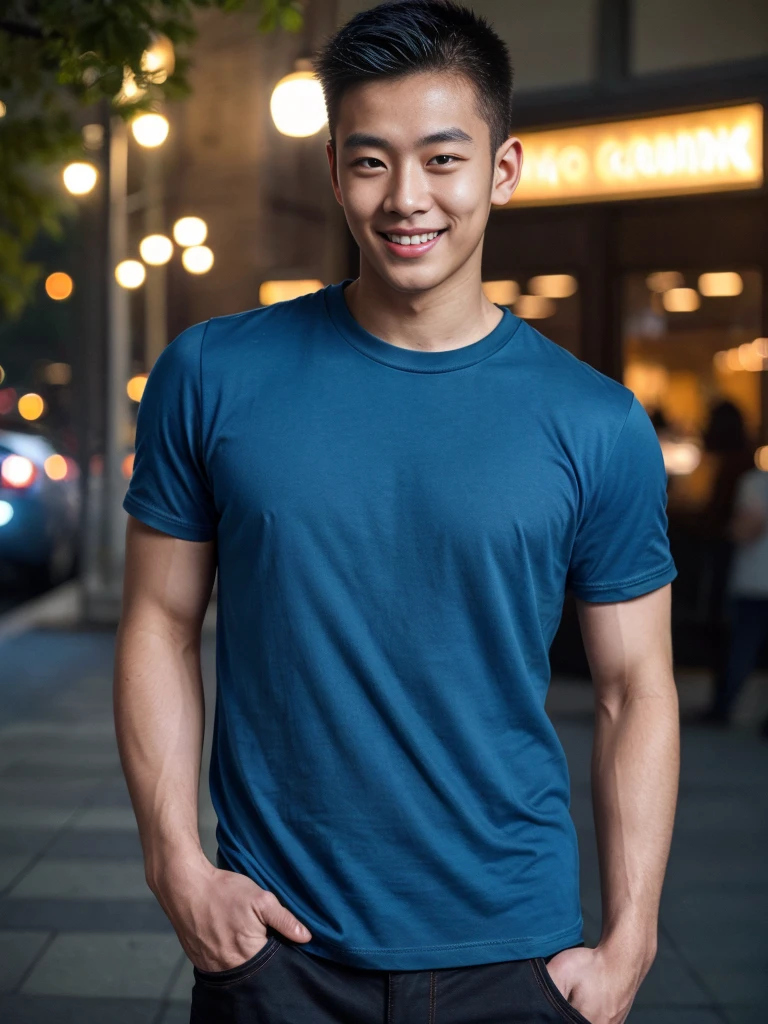 (best quality, 4K, 8K, high resolution, Masterpiece: 1.2), Special details, (realistically, As realistic as a photo, photo realistic: 1.37), Edge lighting, Extra detailed coloring, sharp focus, Physical rendering ,Extremely detailed description,professional,light color,Bokeh,Portrait,look at the viewer,
Young Asian man, 20 years old ,(Wear a dark blue t-shirt.), smile