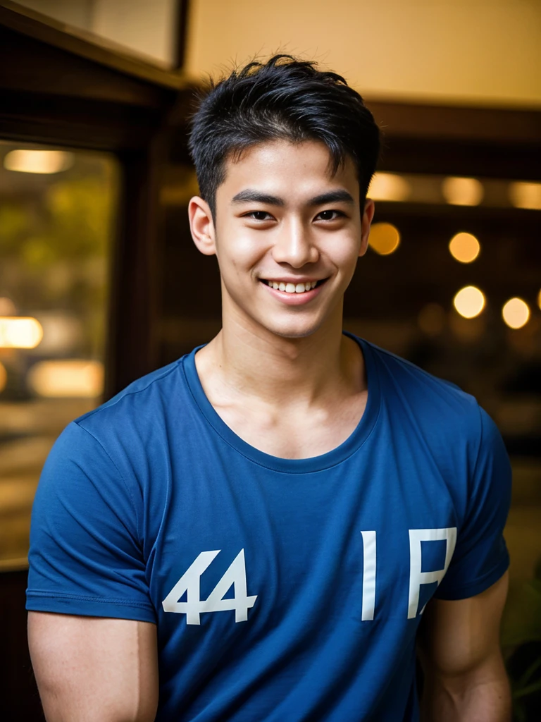 (best quality, 4K, 8K, high resolution, Masterpiece: 1.2), Special details, (realistically, As realistic as a photo, photo realistic: 1.37), Edge lighting, Extra detailed coloring, sharp focus, Physical rendering ,Extremely detailed description,professional,light color,Bokeh,Portrait,look at the viewer,
Young Asian man, 20 years old ,(Wear a dark blue t-shirt.), smile