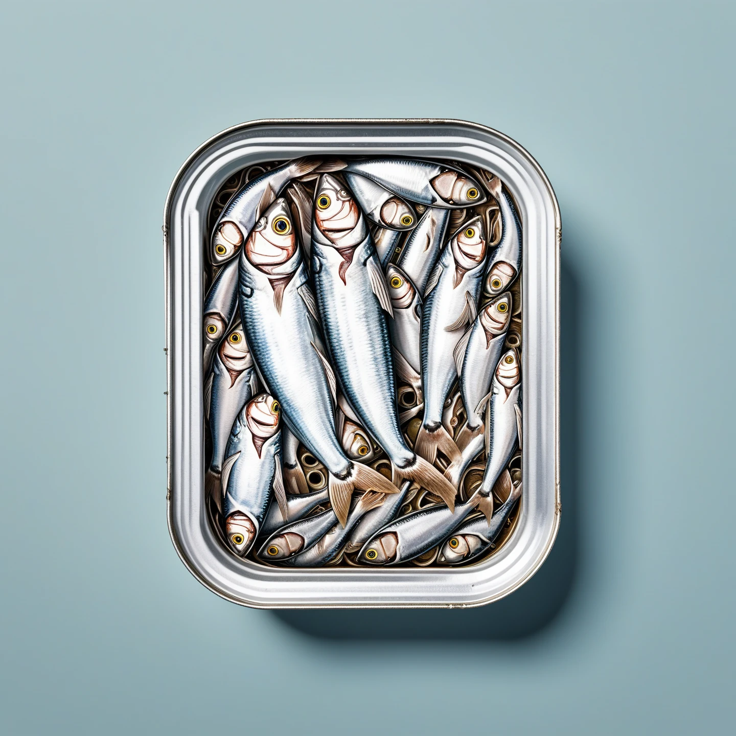 Tinned sardines in ring pull can, tattoo design, Japanese retro, doctor, Ikko Tanaka, negative space, abstract, intricate, iridescent,