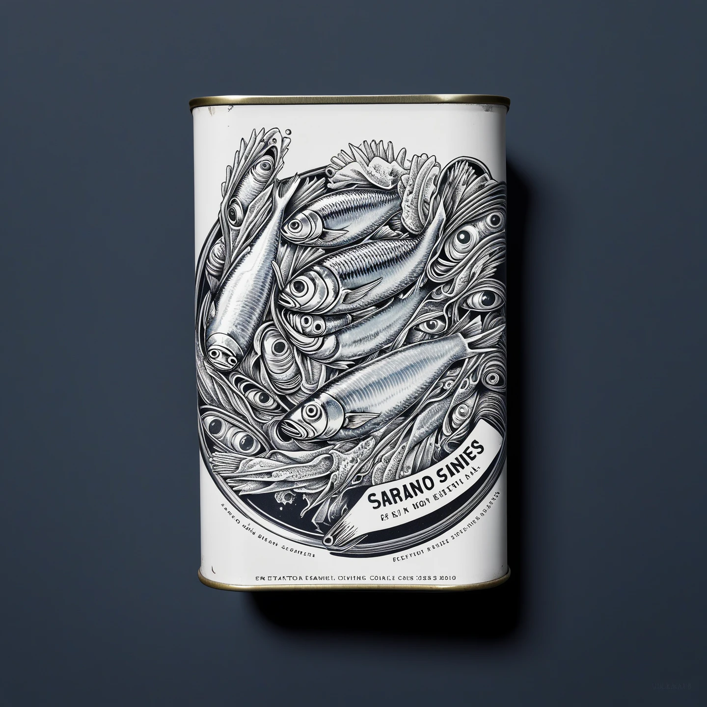 Tinned sardines in ring pull can, tattoo design, Japanese retro, doctor, Ikko Tanaka, negative space, abstract, intricate, iridescent,