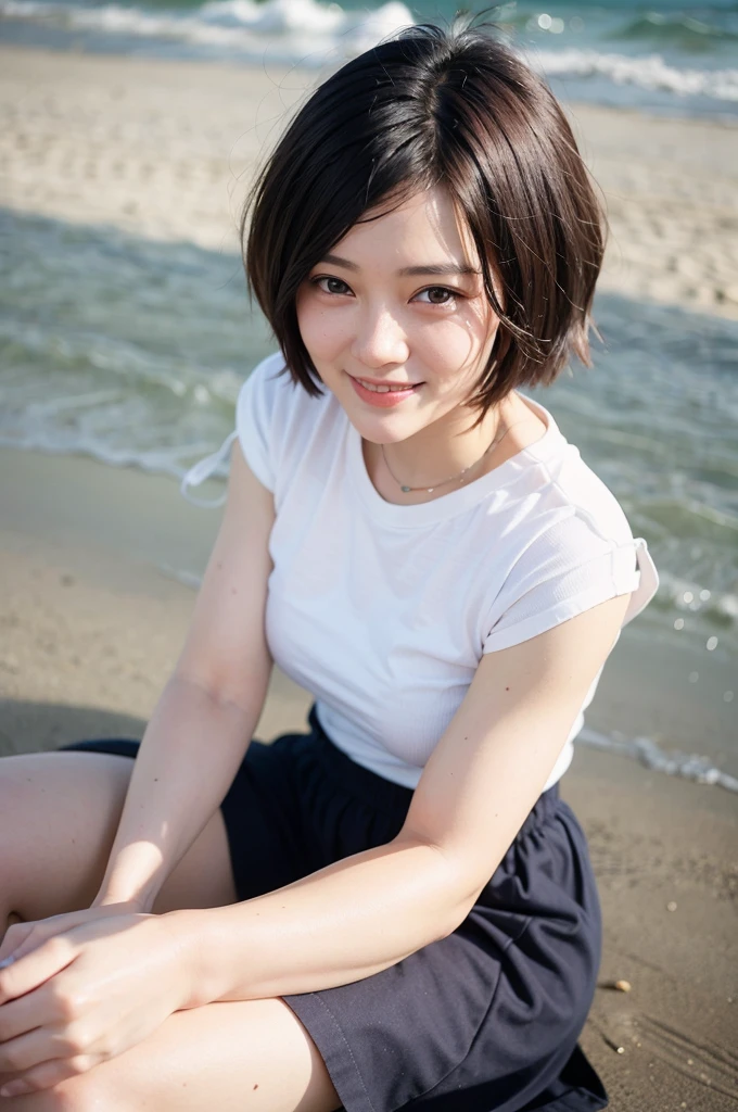 Highest quality、超A high resolution、(Photorealistic:1.5)、1 girl、Wet white t-shirt、T-shirt shows through and underwear is visible、Shortcuts、Bob、(Brown Hair:1.2)、(Big Breasts:1.2)、Whole Body Ezbian、Bad Eyes、Smile、With the beautiful sea in the background、Wet Skin、Wet Hair、Lying on the sand on the beach, (Fascinating), ((exciting: 1.5)), Spread your legs in an M shape,