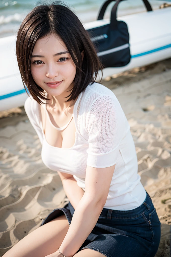 Top quality, 1 beautiful woman, super short Hair, Perm Hair, wearing Blouse, shy-smile, Sunlight, at beach, spread legs