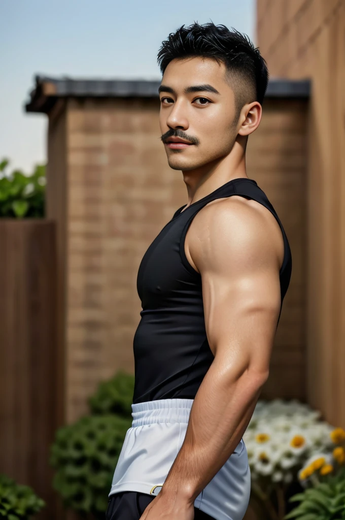 Masterpiece, best quality, high resolution, realistic, handsome, Take beautiful photos, Sayk, NRF, Photo of the 35 year old gym ociation (The man has a thin mustache.:1.2) Portrait, standing in the garden , make military media, weight, Amazing , Buzzcut short hair,stubble head , (Hyper Muscle),looking at the audience, Flirt with the camera, charming, (Tight black exercise shirt ),(GS-Male:1), 8K,Bokeh,Portrait,look at the viewer,