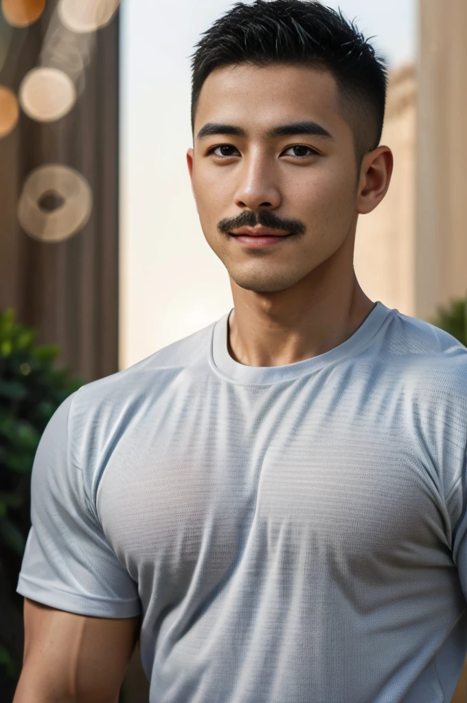 Masterpiece, best quality, high resolution, realistic, handsome, Take beautiful photos, Sayk, NRF, Photo of the 35 year old gym association (The man has a thin mustache.:1.2) Portrait, standing in the garden , make military media, weight, Amazing , Buzzcut short hair,stubble head , (Hyper Muscle),looking at the audience, Flirt with the camera, charming, (Tight black exercise shirt ),(GS-Male:1), 8K,Bokeh,Portrait,look at the viewer,