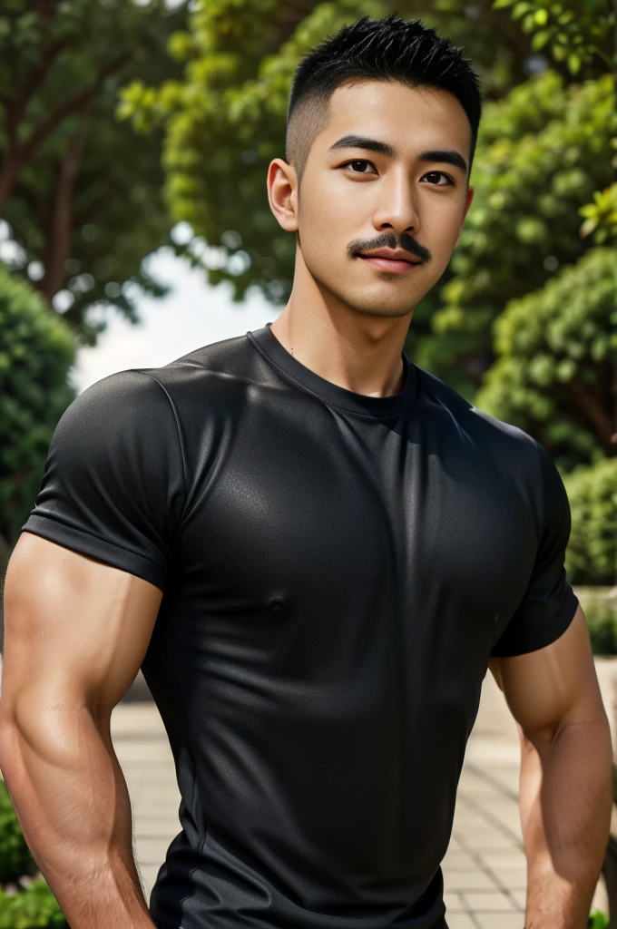 Masterpiece, best quality, high resolution, realistic, handsome, Take beautiful photos, Sayk, NRF, Photo of the 35 year old gym association (The man has a thin mustache.:1.2) Portrait, standing in the garden , make military media, weight, Amazing , Buzzcut short hair,stubble head , (Hyper Muscle),looking at the audience, Flirt with the camera, charming, (Tight black exercise shirt ),(GS-Male:1), 8K,Bokeh,Portrait,look at the viewer,