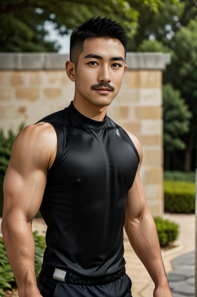 Masterpiece, best quality, high resolution, realistic, handsome, Take beautiful photos, Sayk, NRF, Photo of the 35 year old gym association (The man has a thin mustache.:1.2) Portrait, standing in the garden , make military media, weight, Amazing , Buzzcut short hair,stubble head , (Hyper Muscle),looking at the audience, Flirt with the camera, charming, (Tight black exercise shirt ),(GS-Male:1), 8K,Bokeh,Portrait,look at the viewer,