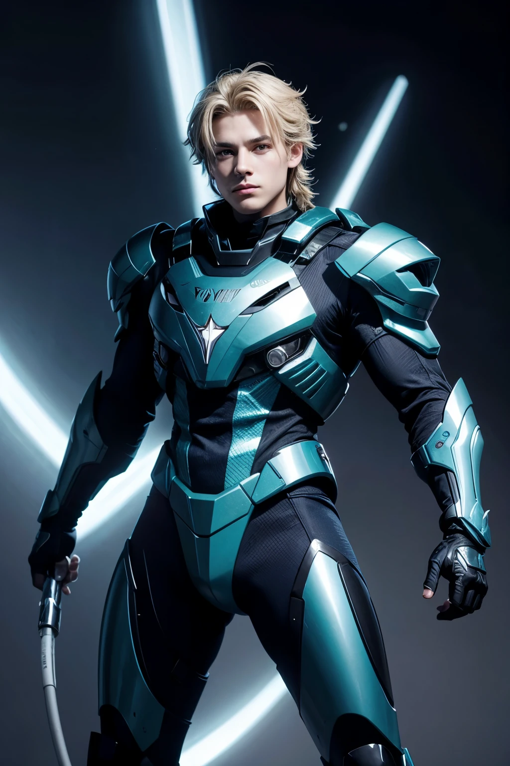 Thunder backdrop, thunder ranger, loli face, small breast, tight suit, speedy thunder, alien weapons , yellow hair