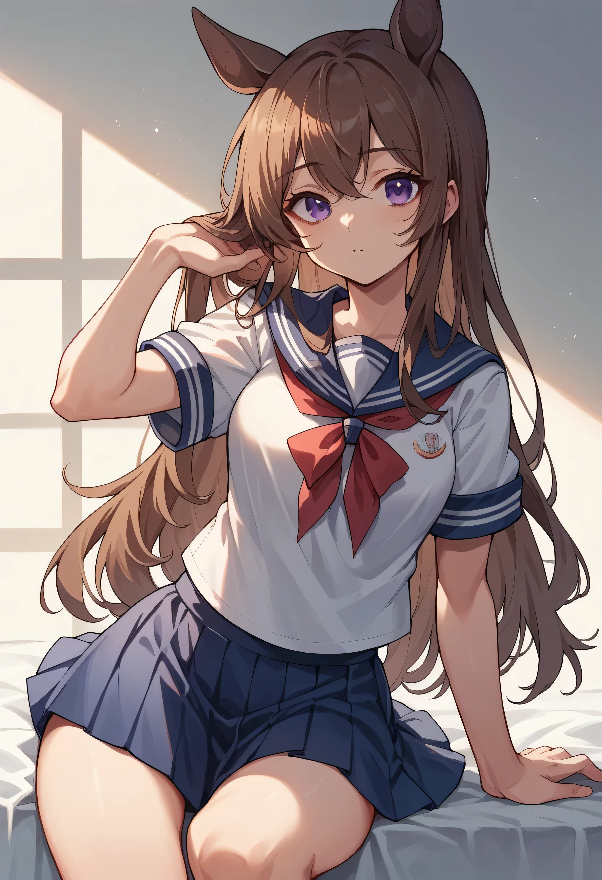 Girl with purple eyes,Big and brown hair,Ranches in Hokkaido,Horse Girl,Morning sun background,Long Hair,Sailor suit,mini skirt