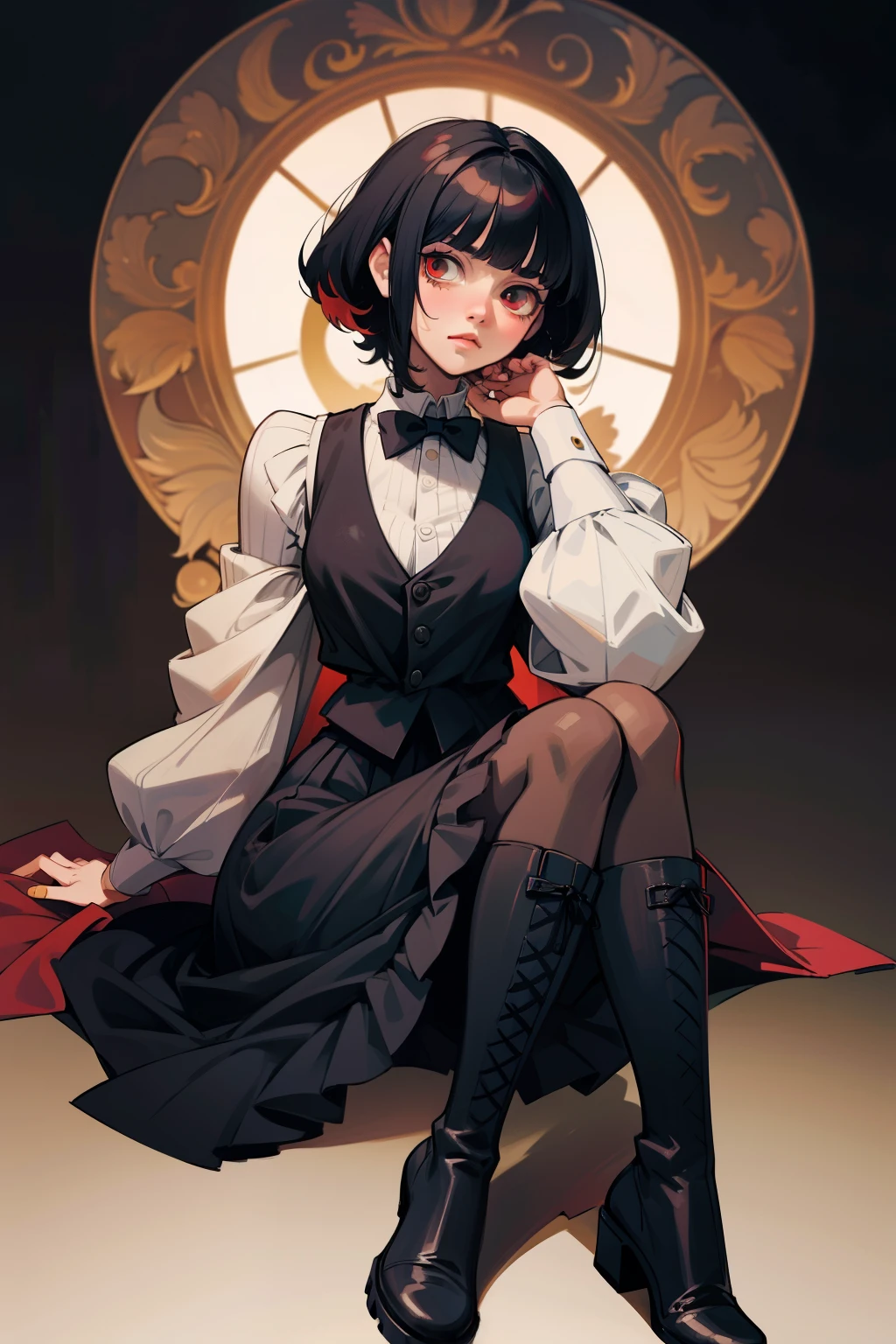 anime female character, short black hair, bangs, red eyes, vest, boots, full body shot, pose, elegant, bangs, ouji fashion, "Black Butler" inspired outfit., anime, Gothic art, anime, Gothic art, masterpiece, anatomically correct, accurate, high details, highres, 4K, 8K, highres, 1080P, super detail, masterpiece, anatomically correct