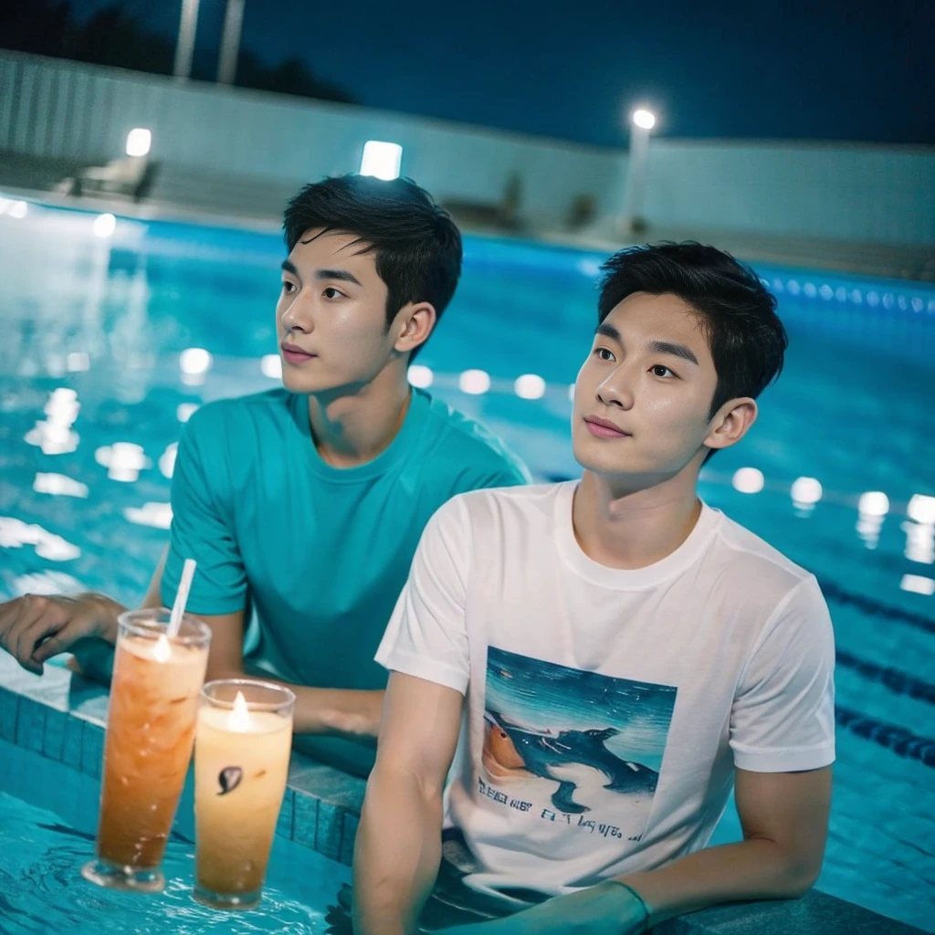 独奏:1.3 ,Korean man, Inspiration from Peng Yuyan,  23 years old, Cute Korean Face, 35 yo, 33 year old Korean muscular man，Sitting near the swimming pool white t-shirt Night light view, half moon, Blue lights under the swimming pool, lantern light,