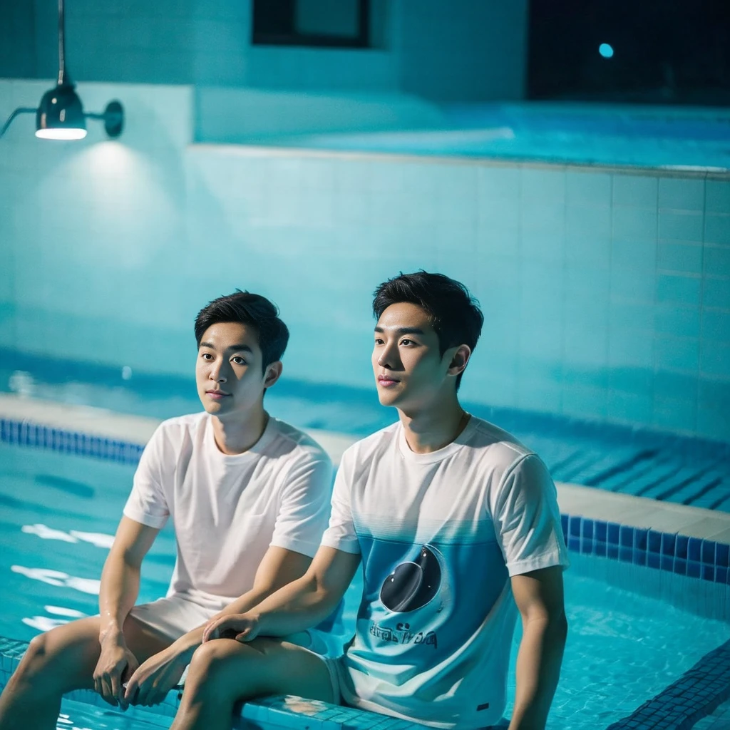 独奏:1.3 ,Korean man, Inspiration from Peng Yuyan, 23 years old, Cute Korean Face, 35 yo, 33 year old Korean muscular man,Sitting near the swimming pool white t-shirt Night light view, half moon, Blue lights under the swimming pool, lantern light,
