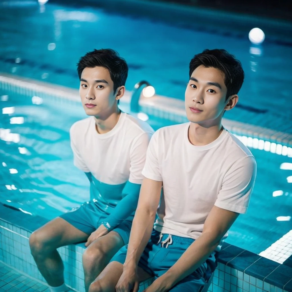 独奏:1.3 ,Korean man, Inspiration from Peng Yuyan, 23 years old, Cute Korean Face, 35 yo, 33 year old Korean muscular man,Sitting near the swimming pool white t-shirt Night light view, half moon, Blue lights under the swimming pool, lantern light,