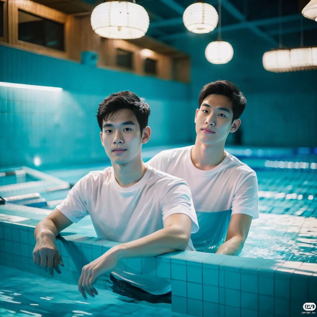 独奏:1.3 ,Korean man, Inspiration from Peng Yuyan,  23 years old, Cute Korean Face, 35 yo, 33 year old Korean muscular man，Sitting near the swimming pool white t-shirt Night light view, half moon, Blue lights under the swimming pool, lantern light,