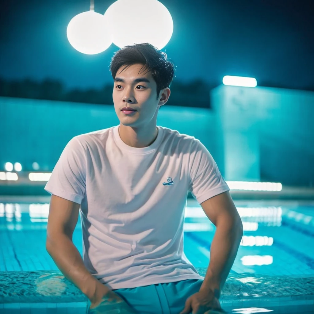 独奏:1.3 ,Korean man, Inspiration from Peng Yuyan, 23 years old, Cute Korean Face, 35 yo, 33 year old Korean muscular man,Sitting near the swimming pool white t-shirt Night light view, half moon, Blue lights under the swimming pool, lantern light,