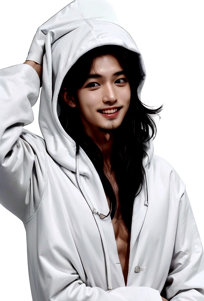 A man smiling and showing his teeth. Shiny hair. Permed hair. (Fair Skin),(Knowing),Iris,(Gender: Natural Face),Long Body,Handsome Asian Man, Short and Clean Hair, ((Center Part)), White Lab Coat with Black Hoodie Underneath, Calm and Confident Expression, Cool, Plain White Background, Portrait, High Quality, Details,30s, Shin Jin Young, , Lee Won Bin, The background is plain white.