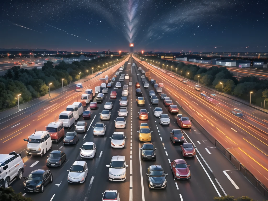 (Traffic jams, lots of cars, traffic jams. :1.2),road ,(รถวิ่งบนroad:1.2) capital landscape:1.5 ,(Many cars:1.2) ,nighttime