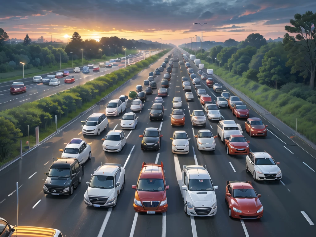 Heavy traffic,the setting sun