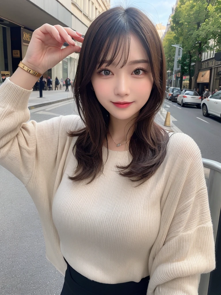 Tabletop, Highest quality, Super detailed, In detail, High resolution, 8k wallpaper, Perfect dynamic composition, Beautiful attention to detail,Short Bob Hair,Small breasts 、A noble brand of clean, oversized clothing、Natural color lip, Bold sexy pose,smile,20-year-old girl、cute、sexy shot looking at camera、High angle shot、tongue、teeth、Curvy but slim、Apple Watch、bracelet、Wink、cheek、Natural Makeup、Paris Fashion Week、actor、Looking up、Thin eyebrows、hair accessory、Shimokitazawa、