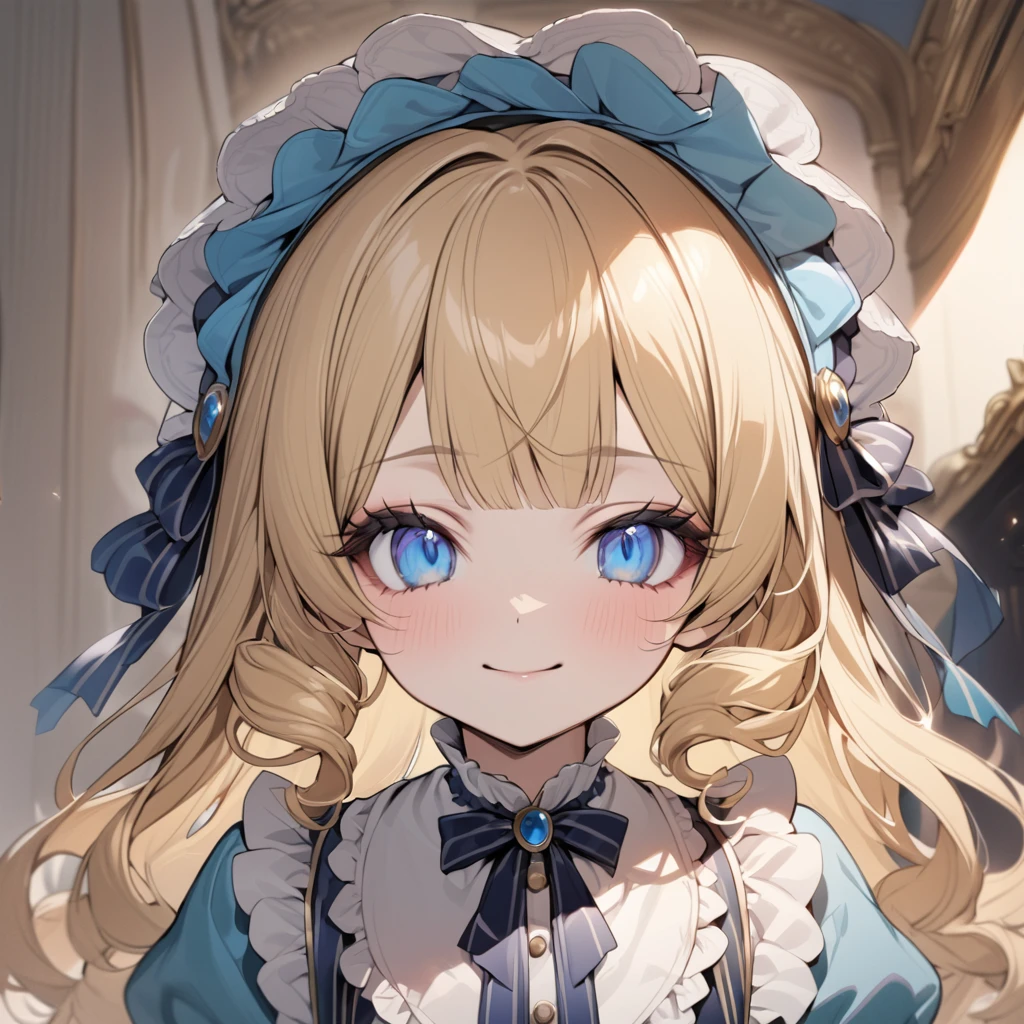 Blonde hair,sidecurls,curls,blue eyes,long eyelashes,light blue victorian dress,puffy short sleeves,frilled dress,collared dress,frilly wide brimmed Bonnet with bows,fringe bangs,bustshot,masterpiece,highress,soft smile,bishoujo,peterpan collar,