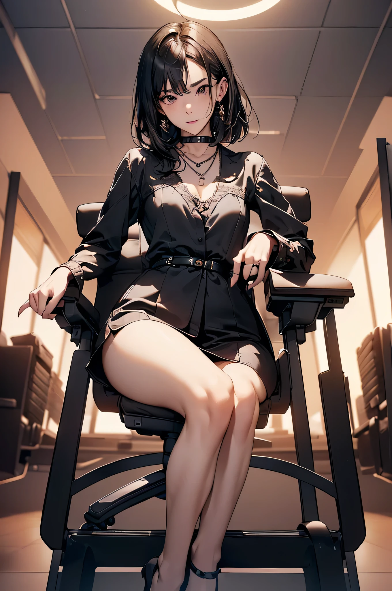 NSFW,(Natural finger shape:1.5),((Full Body Shot,Including face)),Standing position,4K,masterpiece,((Focus on the face)),((Symmetrical facial features)),Eye for detailed depiction,Beautiful woman,Excellent style,Beautiful feet,(Small Ass,Thin thighs),(Patterned black stockings:2,High heels),Facial detailing,Small earrings,necklace,Low angle photo,((camisole,Tight Skirt)),(A scene of a man sitting in a chair in an office and operating a computer:2),Strong sunlight,(((A facial expression of pleasure))),(((Lean your body back and sit on the ground))),Side views of several beautiful women