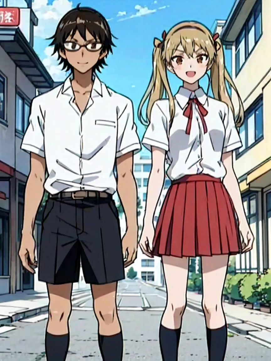 1 boy and 1 girl stand in the street,twintails,sawachika eri, brown eyes, hair ribbon,harimakenji, glasses, ,school uniform, red pleated skirt,eri,hairband, looking_at_viewer, serious, gakuran, white_shirt,smile,happy,two persons