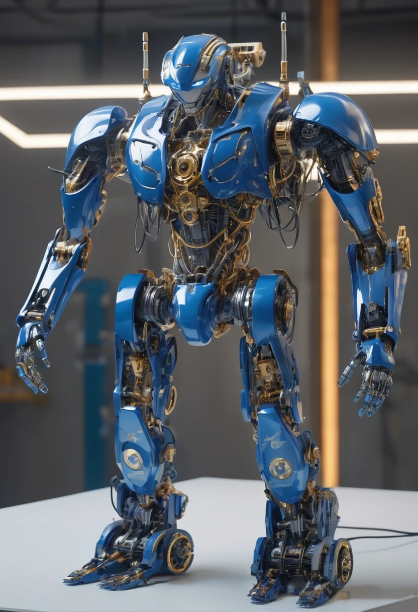 (masutepiece, Humanoid robot with complex machinery:1.3), (Captivating depiction of human-shaped robot figures:1.2),Beautie、 (Meticulously crafted to showcase the fusion of technology and aesthetics:1.2), (The body of the robot consists entirely of complex gears, Gold and titanium parts:1.1), (Wires intricately interweave the frame to form a mechanical circulatory system:1.1), (Strategically positioned porcelain plates to protect critical components:1.1), (Human-like head with a perfectly symmetrical face:1.1), (Thick and dark eyebrows surround expressive features:1.1), (Hair styled in stunning upsweep fashion, Vibrant shades of blue:1.1), (Set in a scientific laboratory, Focus Lighting Robot:1.1), (A spotlight that highlights the complexity of its machines and the beauty of their design:1.1), (Meticulous attention to gear details, wires, and Components:1.1), (A depiction that captures the harmonious fusion of humans and technology:1.1), (A sense of wonder and innovation represented by the creation of robots:1.1), (Images that inspire reflection on the future of human-machine interaction:1.1), (Precision meets aesthetics、Artwork that creates captivating and thought-provoking compositions:1.1)), Cinematic, ultra-detailliert, Insane details, Beautifully color graded, Unreal Engine, degrees of , Hyper-Resolution, Megapixel, cinematic lightening, Anti-aliasing, FKAA, TXAA, nffsw, SSAO, post processed, Post Production, Tone Mapping, ....CGI, VFX, tokusatsu, insanely detailed and intricat, Hyper maximalist, Hyper realistic, Volumetric, Photorealistic, ultra photoreal, Ultra-detailed, Intricate details, super detailed, fulcolor, Volumetric lightning, nffsw, Realistic, Unreal Engine, 16 K, Sharp Focus, Octane Render