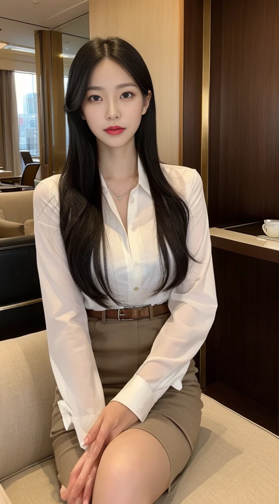 A tall and slender Japanese woman, 35 years old, in a realistic, photorealistic image. She is sitting on a luxurious hotel sofa, facing the camera. She is wearing a business suit, with an undershirt visible, exuding an aura of cool beauty and professionalism. The background showcases the elegant interior of the hotel, adding to the sophisticated atmosphere. The setting is an office-like room with large windows, emphasizing her career-oriented persona.