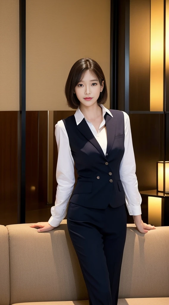 A tall and slender Japanese woman, 35 years old, in a realistic, photorealistic image. She is sitting on a luxurious hotel sofa, facing the camera. She is wearing a business suit, with an undershirt visible, exuding an aura of cool beauty and professionalism. The background showcases the elegant interior of the hotel, adding to the sophisticated atmosphere. The setting is an office-like room with large windows, emphasizing her career-oriented persona.